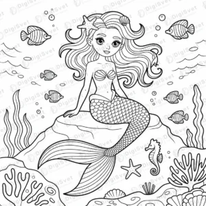 Mala sirena sedi na kamenu u moru