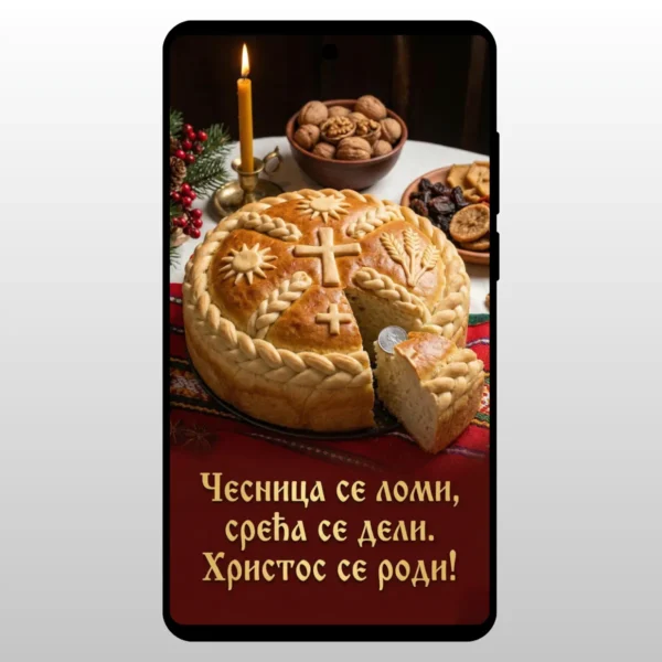 Čestitka Hristos Se Rodi Praznični Hleb Krupni plan cesnice i oraha