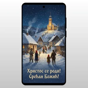 Čestitka Hristos Se Rodi Put Hrama Ljudi idu ka crkvi kroz sneg