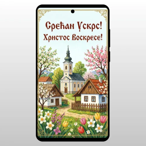 Idilicno selo sa crkvom i tekstom Srecan Uskrs