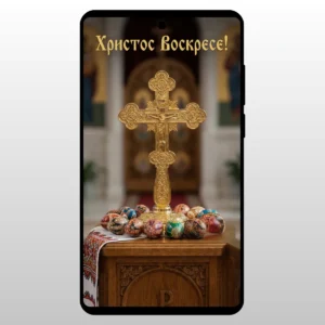 Veliki zlatni krst na stolu sa vencem jaja