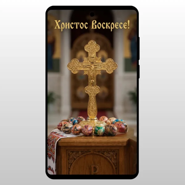 Veliki zlatni krst na stolu sa vencem jaja