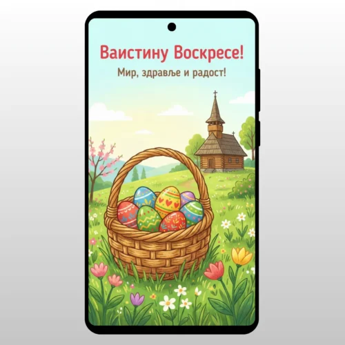 Korpa sa jajima na livadi ispred crkve