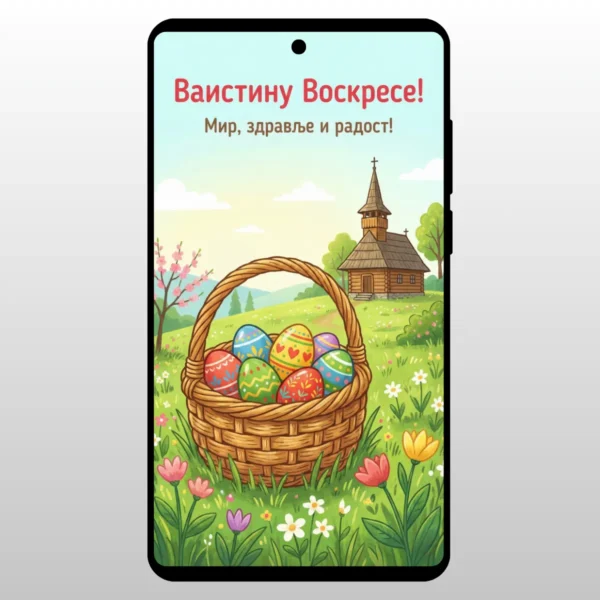 Korpa sa jajima na livadi ispred crkve