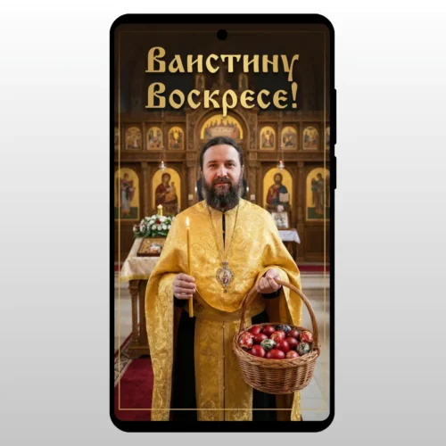 Svestenik u crkvi drzi korpu sa jajima