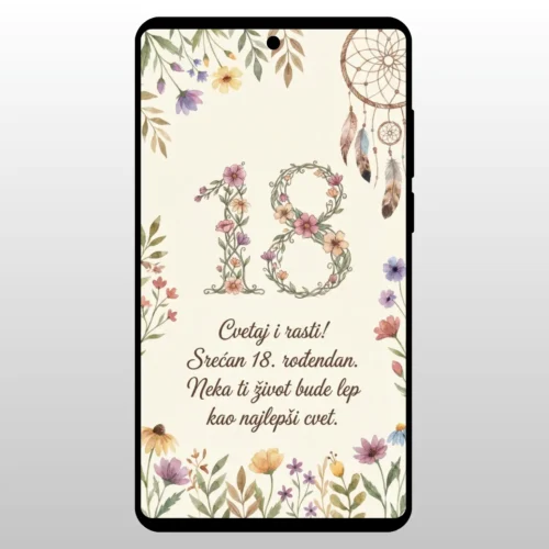 Čestitka Za 18 Rođendan Boho Cvetni Dizajn Cvetni venac i broj 18 u pastelnim bojama