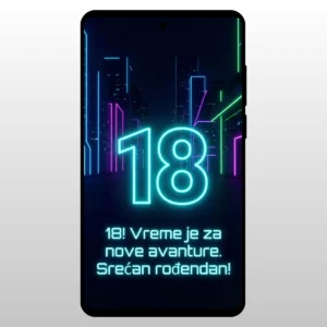 Čestitka Za 18 Rođendan Moderni Neon Sjaj Plavi neon broj 18 na tamnoj pozadini