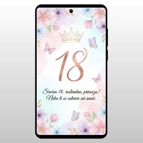 Čestitka Za 18 Rođendan Roze Kruna Princeza Zlatna kruna i leptirici na roze pozadini