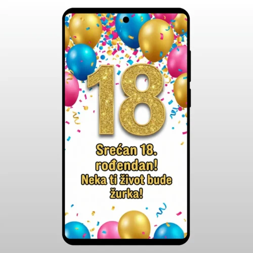 Čestitka za 18 Rođendan Zlatni Baloni Slavlje Sareni baloni i konfete sa brojem 18