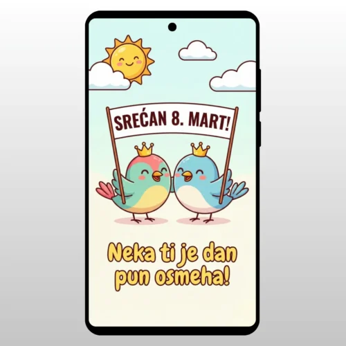 Čestitka Za 8 Mart Crtane Ptičice Ilustracija dve plave pticice koje drze natpis Srecan 8. mart