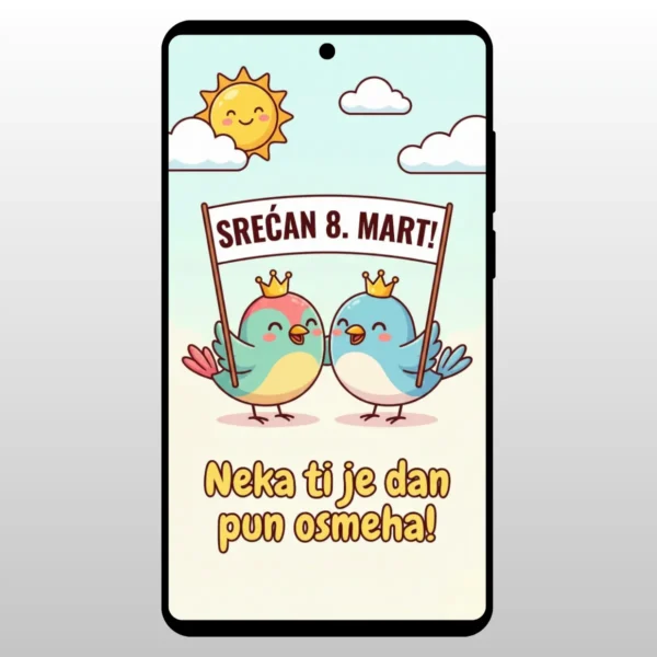 Čestitka Za 8 Mart Crtane Ptičice Ilustracija dve plave pticice koje drze natpis Srecan 8. mart