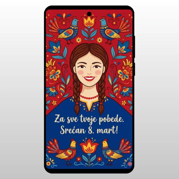 Čestitka Za 8 Mart Etno Stil Ilustracija devojke u narodnoj nosnji sa etno motivima