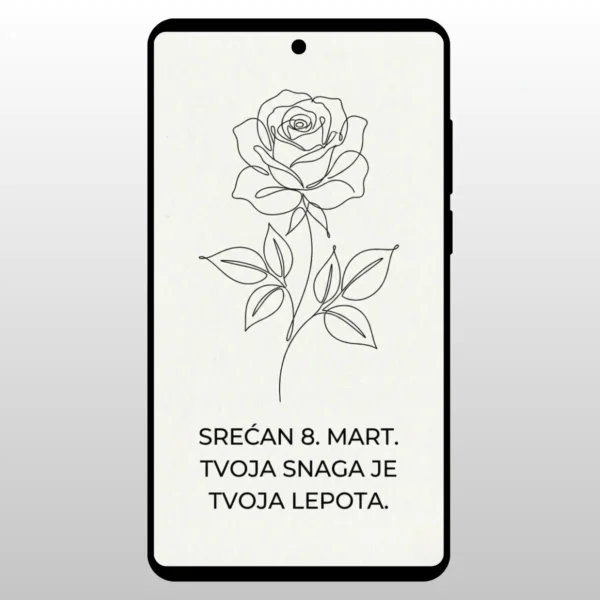 Čestitka Za 8 Mart Minimalizam Ruža Jednostavan linijski crtez ruze na beloj pozadini