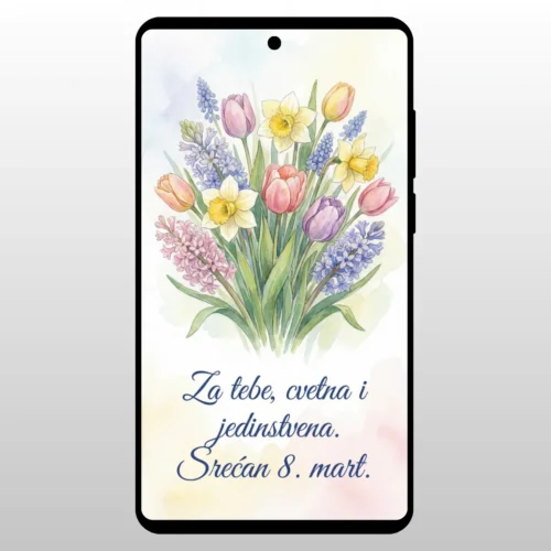 Čestitka Za 8 Mart ŠAreni Tulipani Ilustracija buketa raznobojnih lala (tulipana)