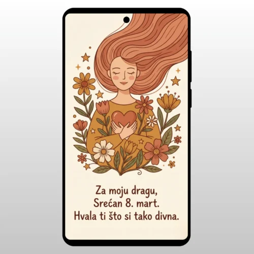 Čestitka Za 8 Mart ŽEnska Snaga Umetnicka ilustracija zene sa dugom kosom i cvecem