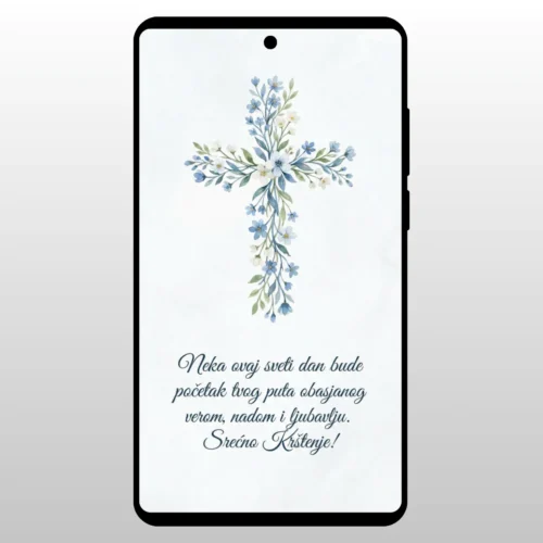 Čestitka Za Krštenje Cvetni Krst Krst napravljen od sitnog plavog cveca i lisca