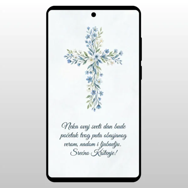 Čestitka Za Krštenje Cvetni Krst Krst napravljen od sitnog plavog cveca i lisca