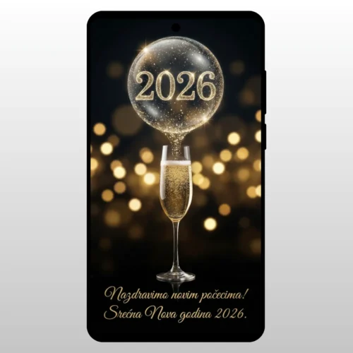 Čestitka Za Novu Godinu Balon Dekoracija Zlatni balon u obliku broja 2026 i casa sampanjca