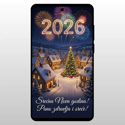 Čestitka Za Novu Godinu Božićno Selo Ilustracija sneznog sela nocu sa jelkom