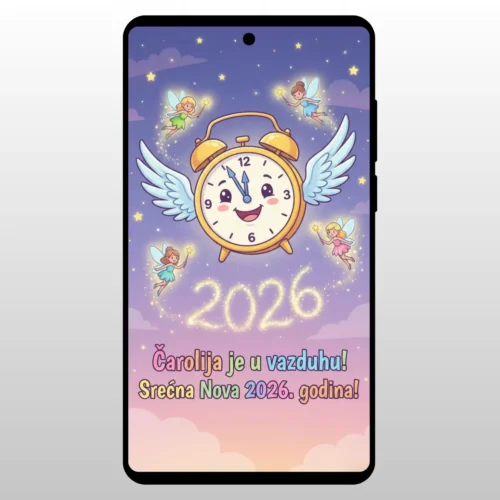 Čestitka Za Novu Godinu Magični Sat Sat sa krilima i brojevima 2026