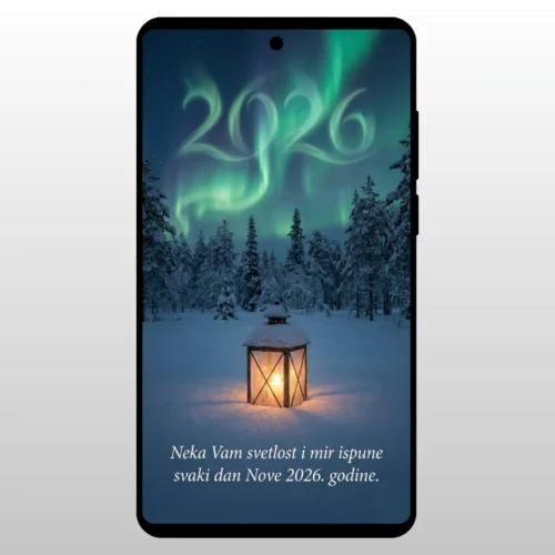 Čestitka Za Novu Godinu Polarna Svetlost Aurora Borealis iznad snezne sume