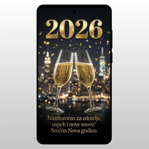 Čestitka Za Novu Godinu Praznična Zdravica Dve case sampanjca sa gradom u pozadini