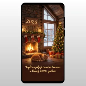 Čestitka Za Novu Godinu Praznični Enterijer Usukana soba sa kaminom i jelkom