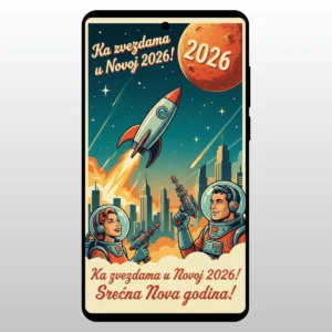 Raketa leti ka mesecu u retro stilu