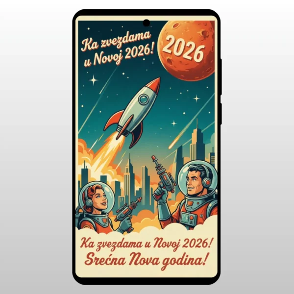 Raketa leti ka mesecu u retro stilu