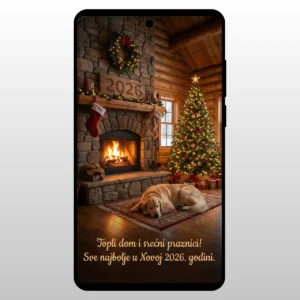 Čestitka Za Novu Godinu Toplina Doma Pas spava na tepihu ispred kamina