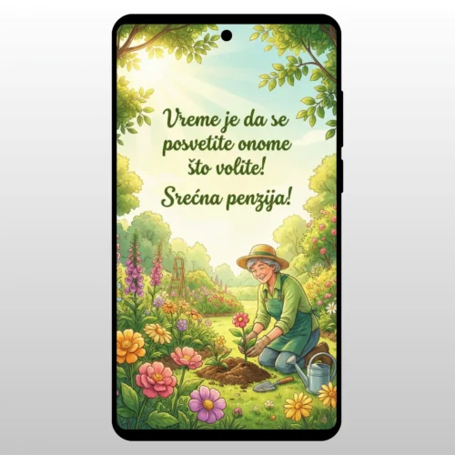 Čestitka Za Odlazak U Penziju Bašta Cveće Ilustracija zene koja sadi cvece u basti na ekranu telefona