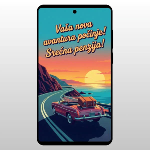 Retro crveni automobil vozi ka zalasku sunca