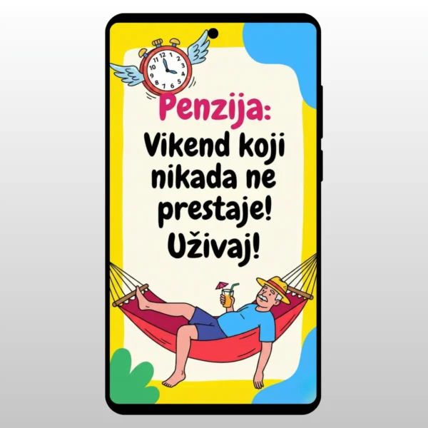 Čestitka Za Odlazak U Penziju Večiti Vikend Smesna ilustracija coveka u lezaljci koji pije pice