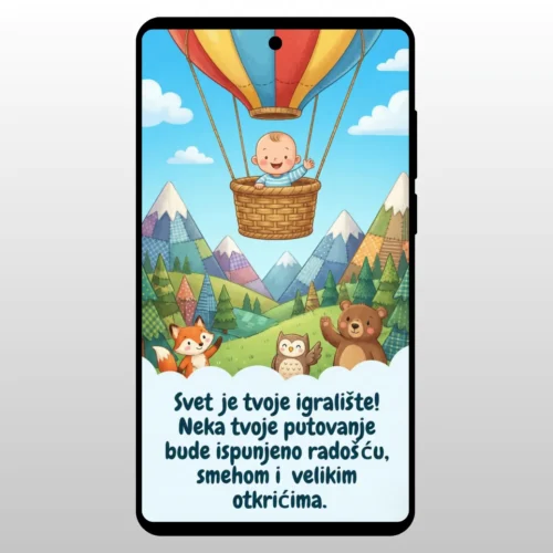 Čestitka Za Rođenje Deteta Balon Avantura Mockup telefona sa ilustracijom plavog balona i mede za cestitku za rodjenje