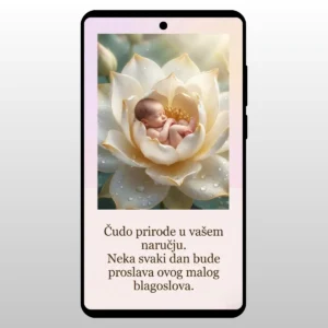 Slika bebe koja spava unutar belog cveta na ekranu telefona