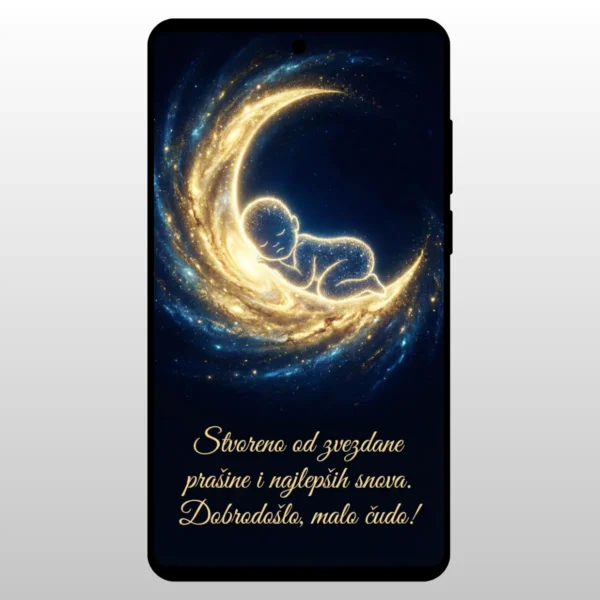 Ilustracija bebe koja spava na zlatnom polumesecu na tamnoj pozadini