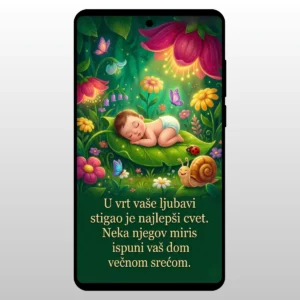 Čestitka Za Rođenje Deteta ČArobni Vrt Beba u zelenom vrtu okruzena cvecem na displeju telefona