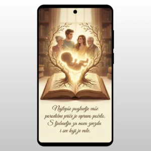 Otvorena knjiga iz koje izlazi svetlost i silueta porodice