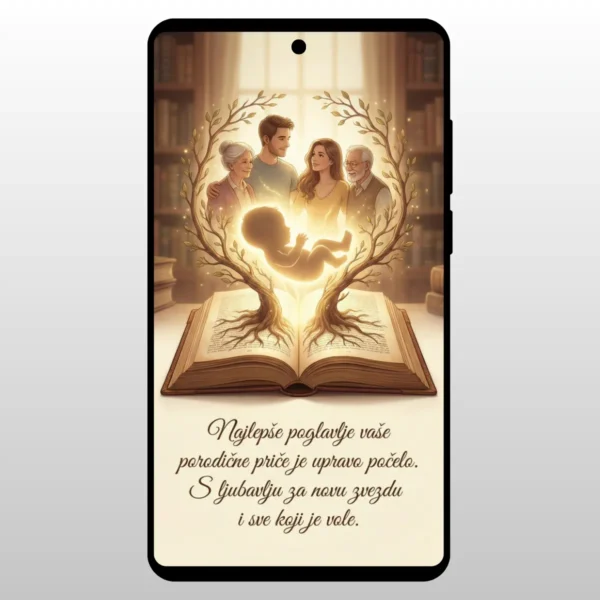 Otvorena knjiga iz koje izlazi svetlost i silueta porodice