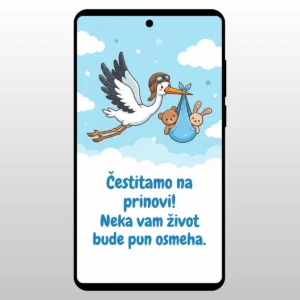 Crtez rode koja nosi bebu u zavezljaju na plavom nebu