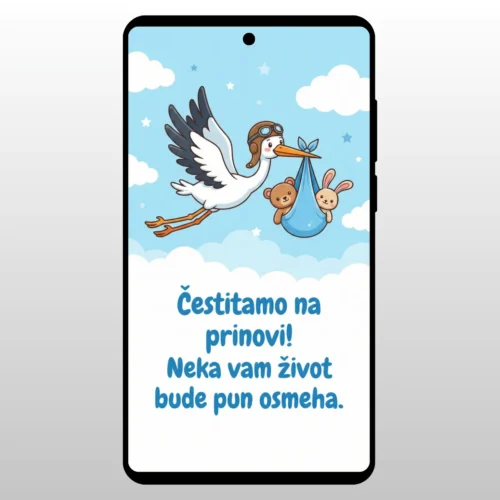 Crtez rode koja nosi bebu u zavezljaju na plavom nebu