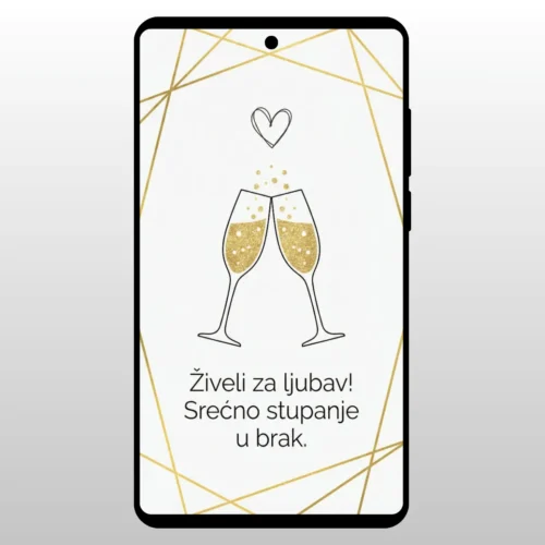 Čestitka Za Venčanje Elegantna Zlatna Zdravica Dve case sampanjca i zlatni geometrijski okvir