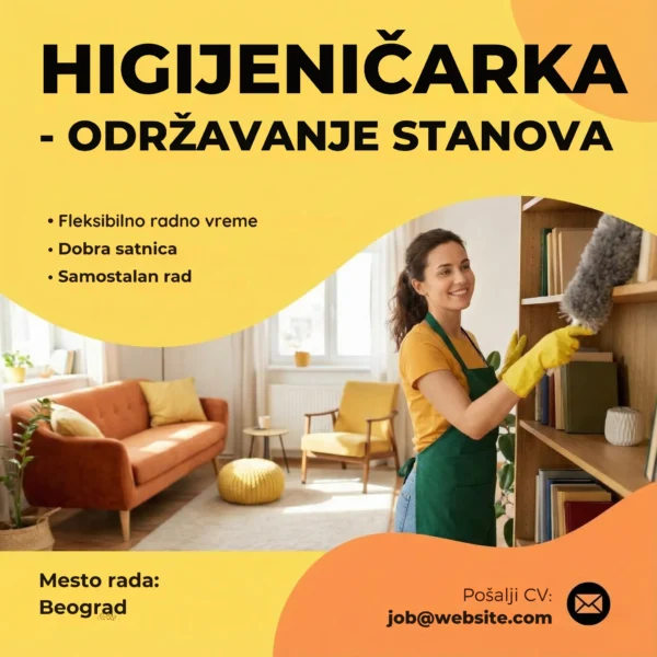 Oglas za Posao Higijeničarka Stan Šablon Zena brise prasinu u stanu