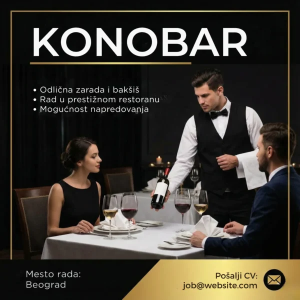 Oglas za Posao Konobar Luksuz Restoran Šablon Konobar sipa vino oglas
