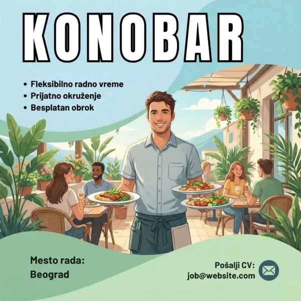 Oglas za Posao Konobar Restoran Šablon Konobar nosi hranu oglas