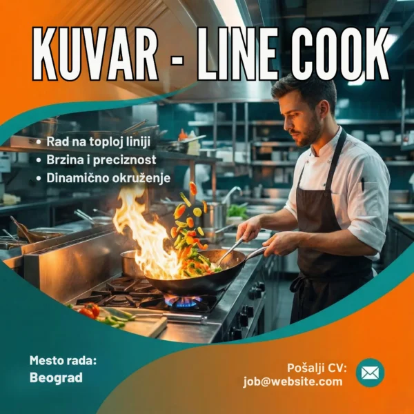 Oglas za Posao Kuvar Line Cook Šablon Kuvar za sporetom u akciji