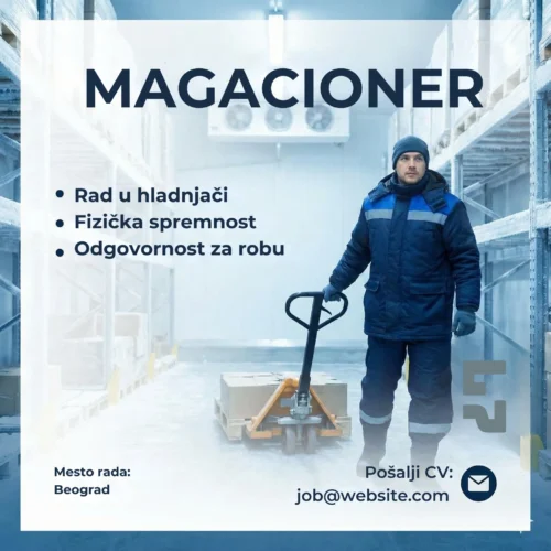 Oglas za Posao Magacioner Hladnjača Šablon Radnik u jakni u hladnjaci