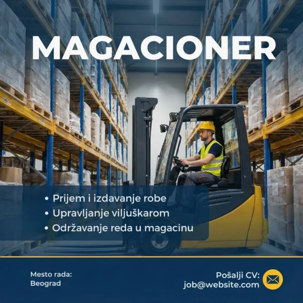 Oglas za Posao Magacioner Šablon Viljuskarista u magacinu oglas