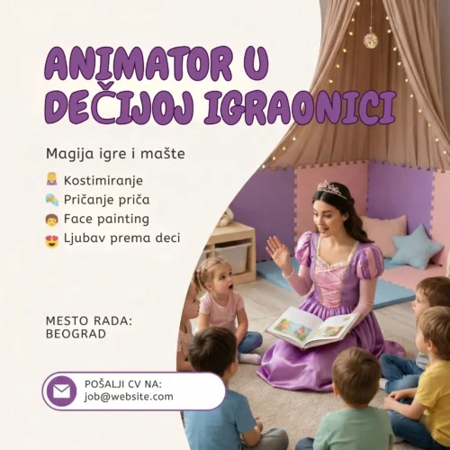 Oglas za posao Animator u igraonici Igre Šablon Animator cita deci na podu