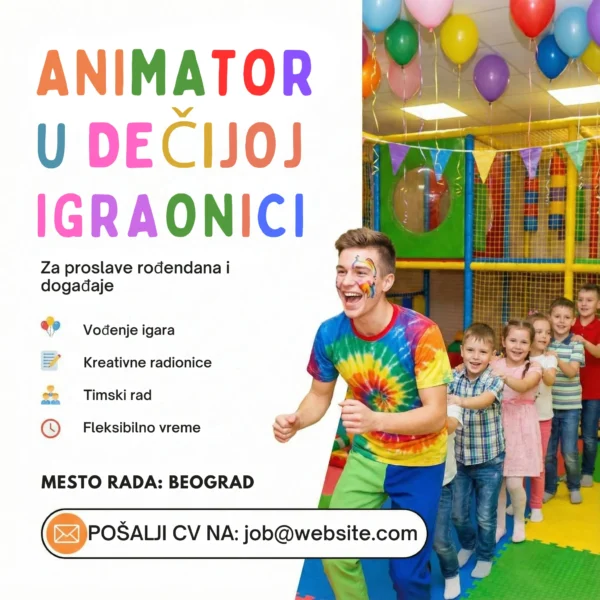Oglas za posao Animator u igraonici Šablon Veseli oglas za animatora dece